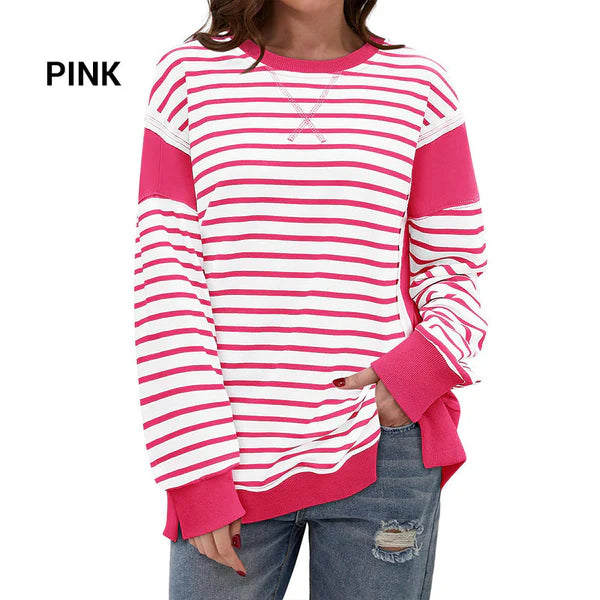 Stylish striped Color blocking tops with a round neckline