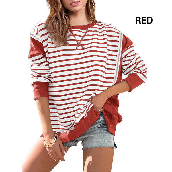 Stylish striped Color blocking tops with a round neckline