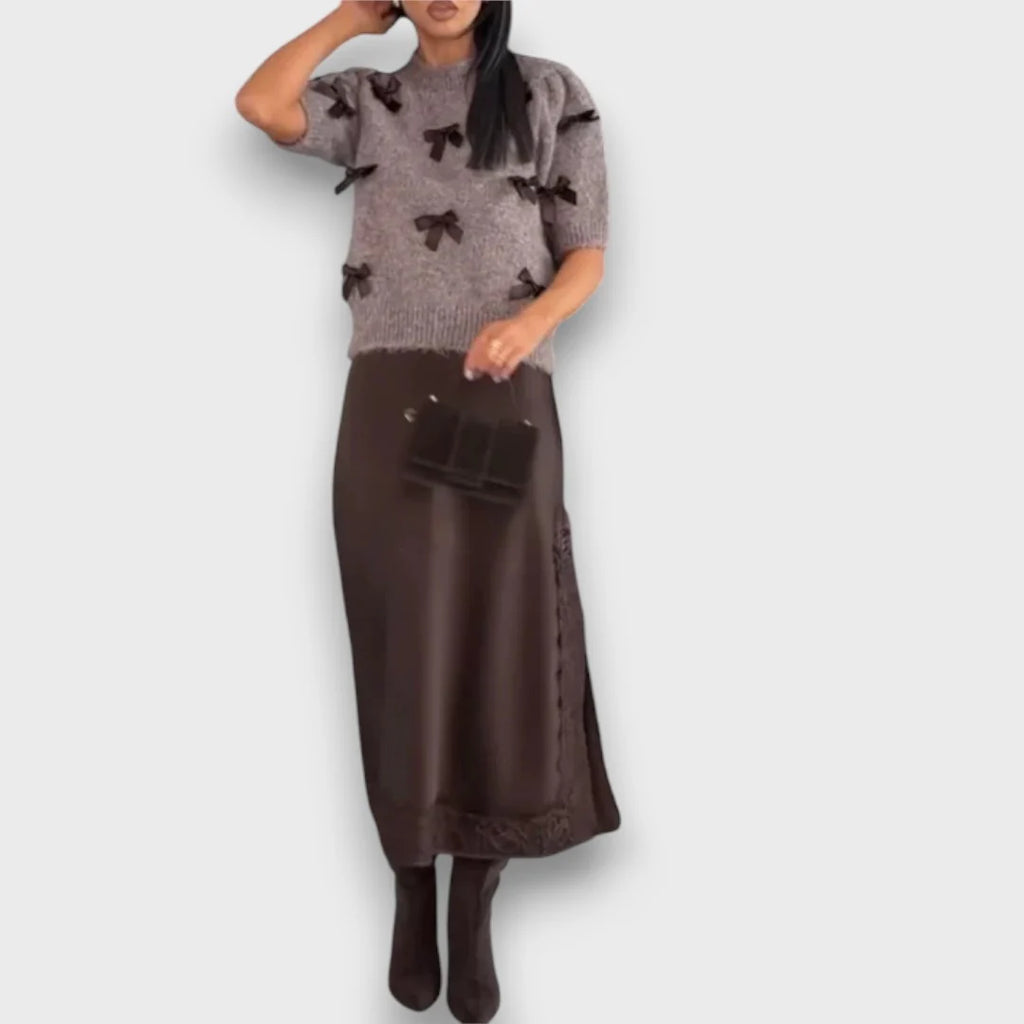 Women’s Bow Detail Knit Sweater and Satin Midi Skirt Set