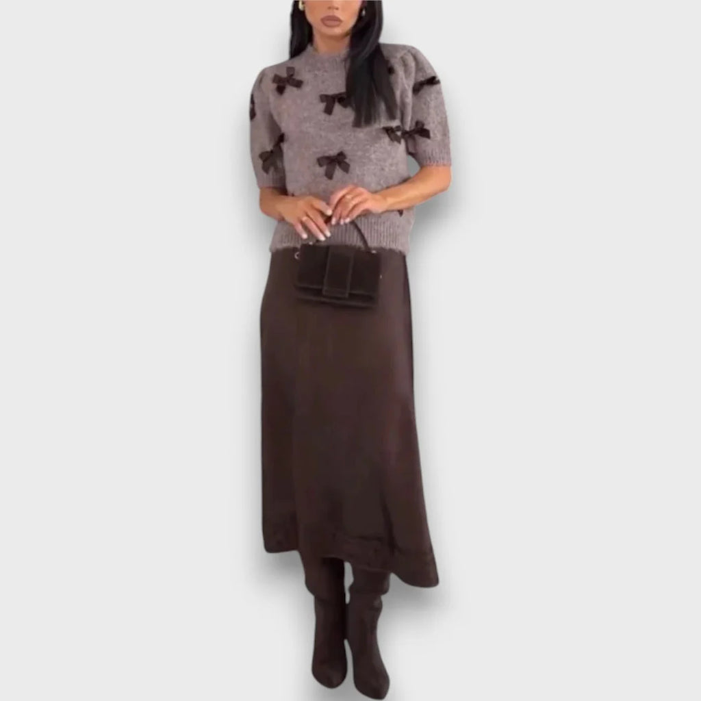 Women’s Bow Detail Knit Sweater and Satin Midi Skirt Set