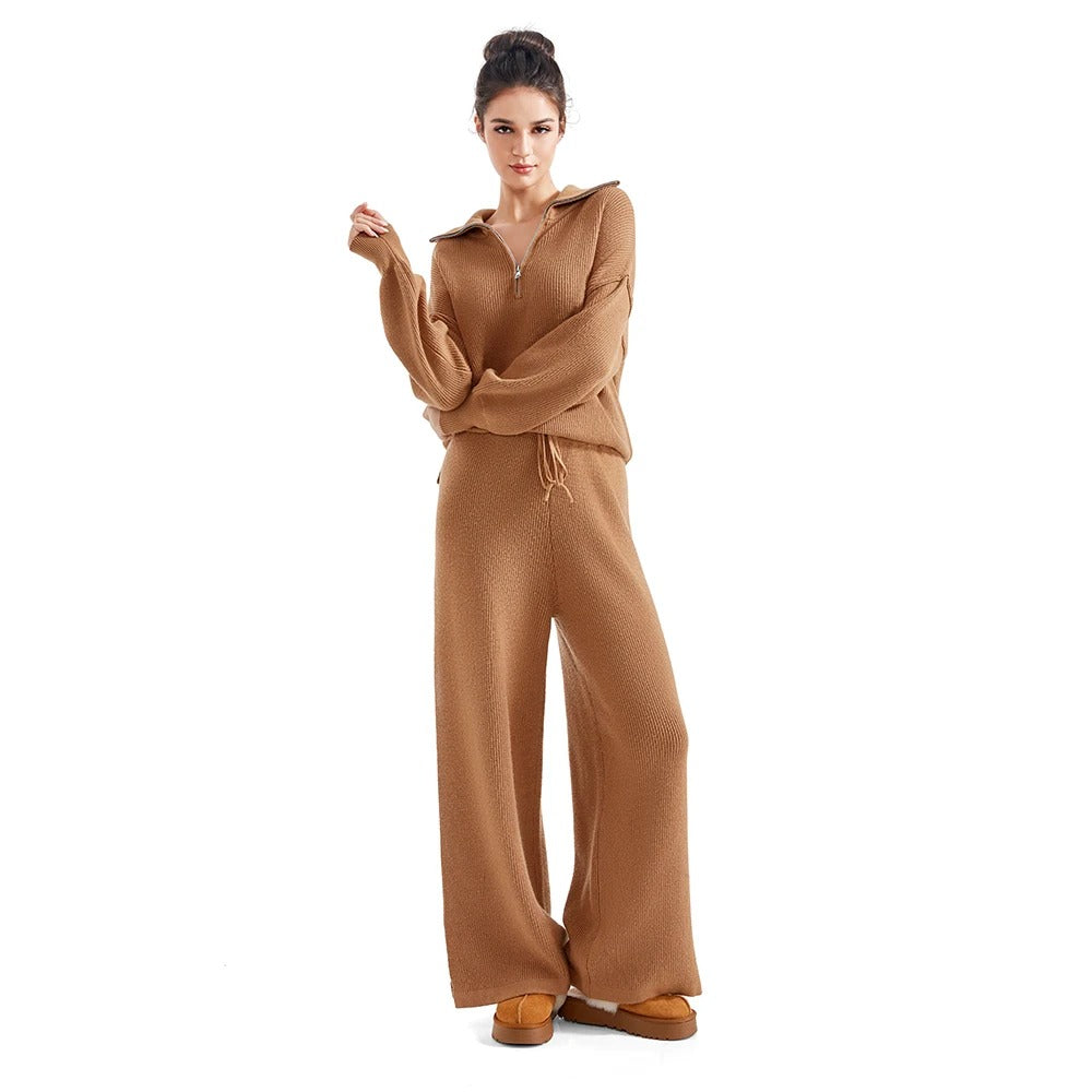 Women’s Ribbed Half-Zip Wide-Leg Knit Lounge Set