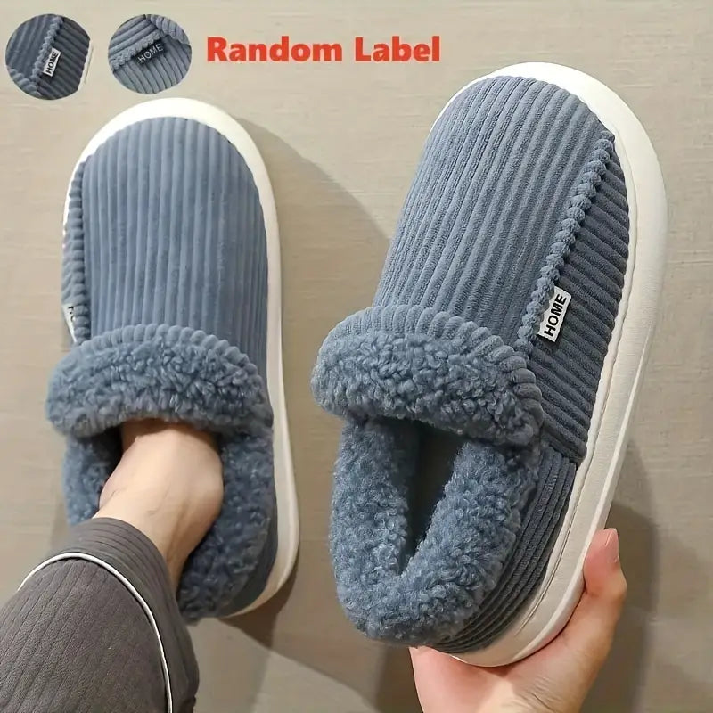 Unisex Plush Winter Slippers – Striped Slip-On House Shoes with PVC Sole