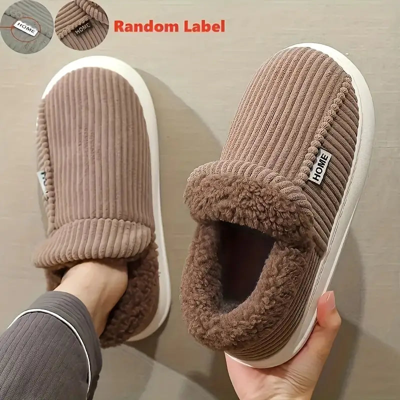 Unisex Plush Winter Slippers – Striped Slip-On House Shoes with PVC Sole