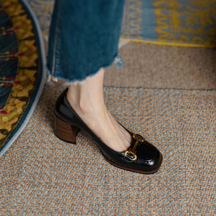 Women’s Genuine Leather Horsebit Block Heel Pumps