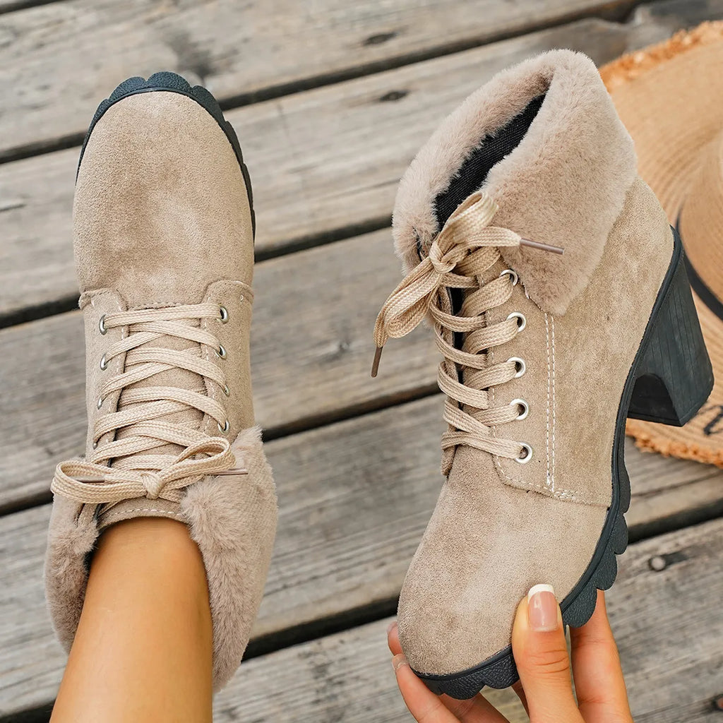 Women's Lace-up High-heeled Cotton Boots