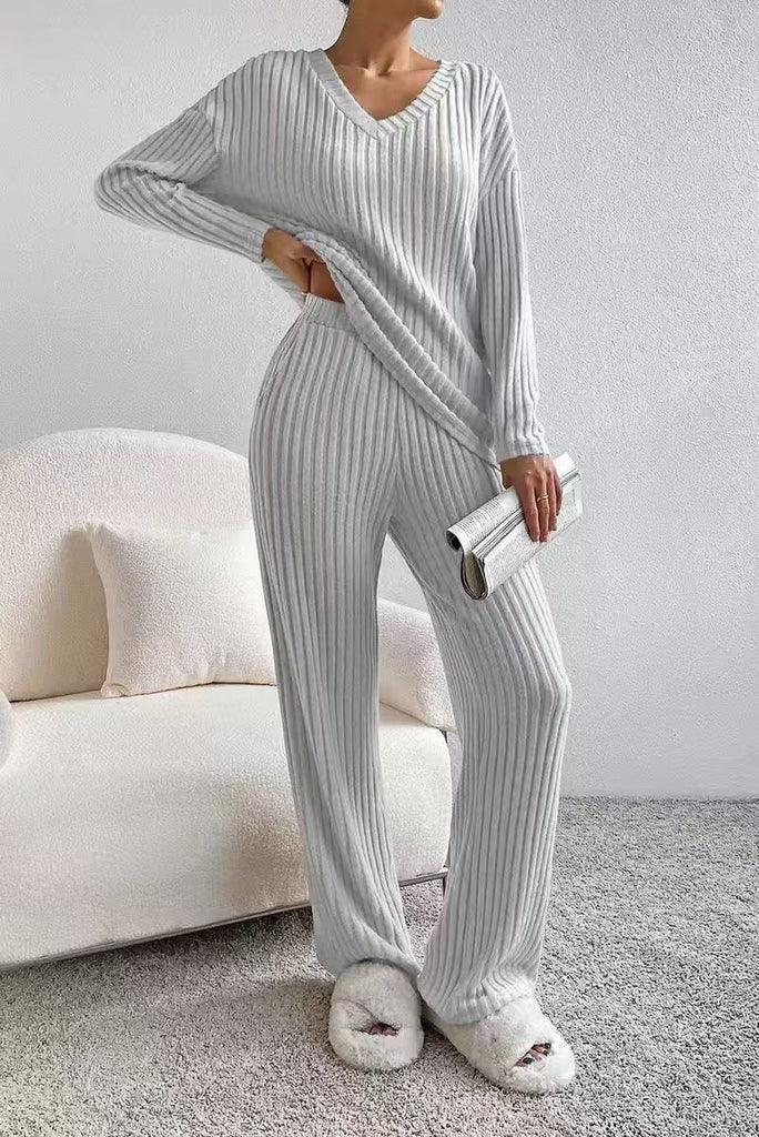 Women’s Ribbed V-Neck Two Piece Loungewear Set