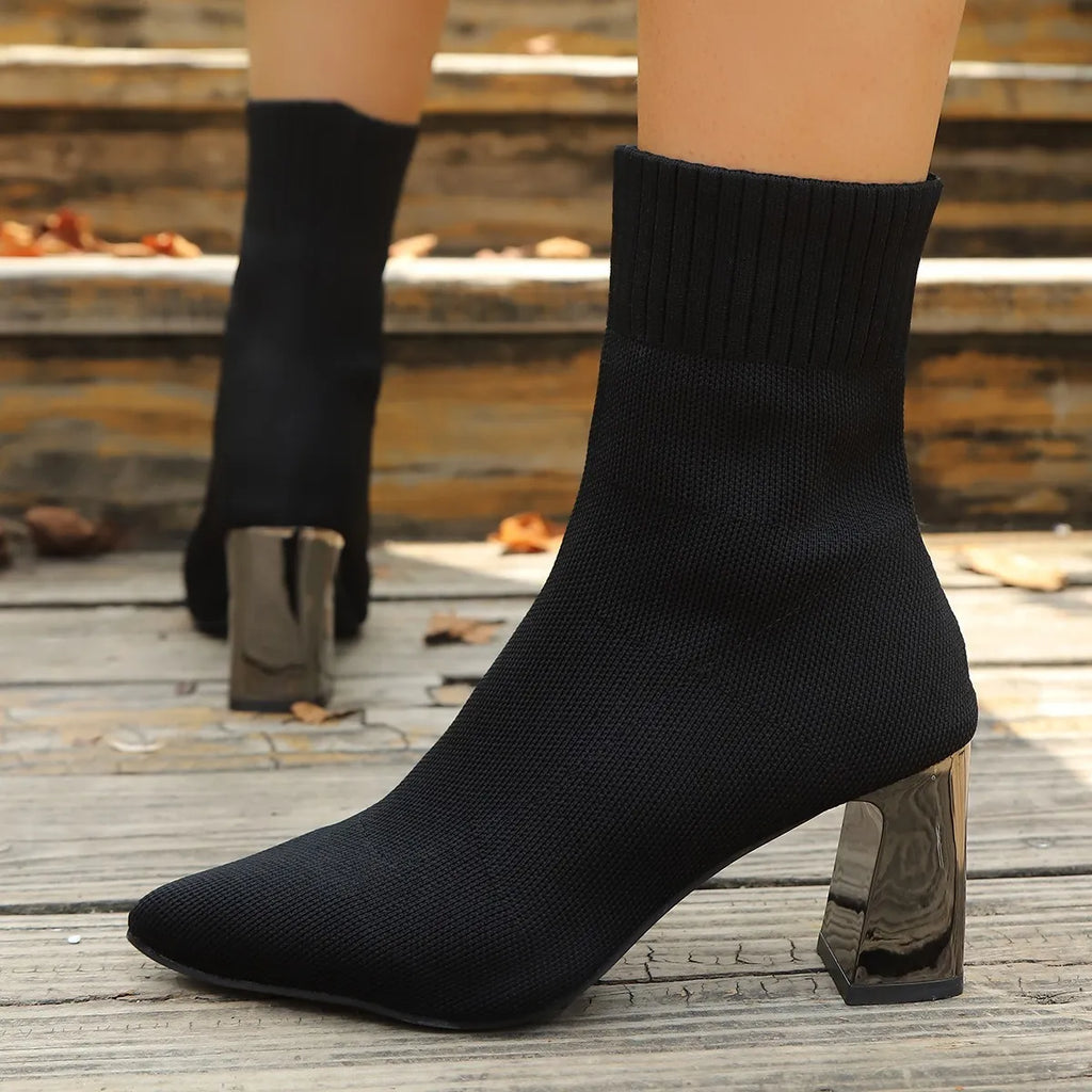 Women’s Pointed Toe Knit Sock Ankle Boots with Chunky Heel
