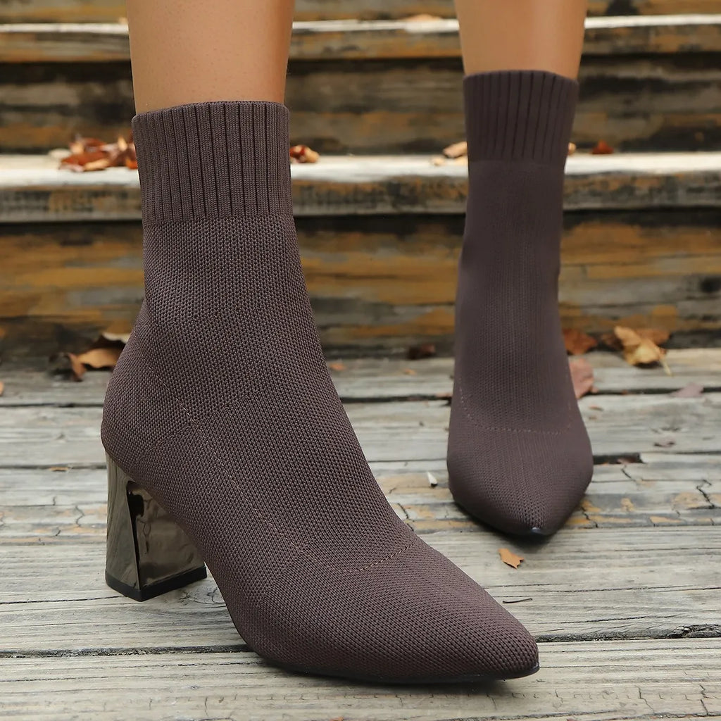 Women’s Pointed Toe Knit Sock Ankle Boots with Chunky Heel