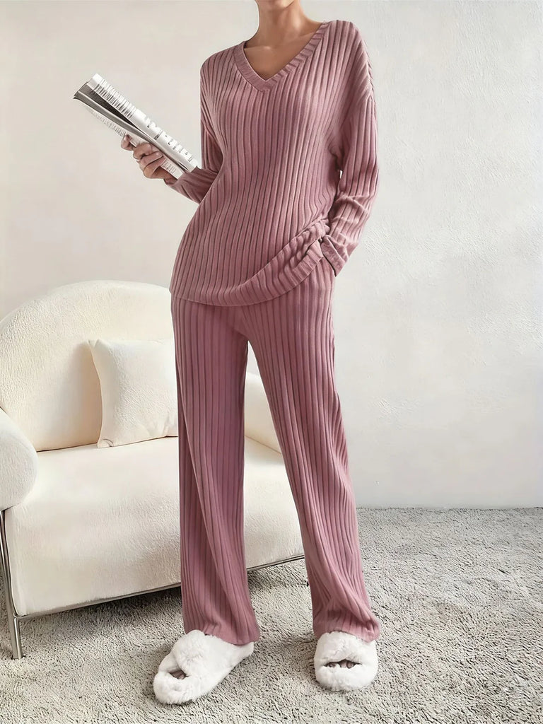 Women’s Ribbed V-Neck Two Piece Loungewear Set