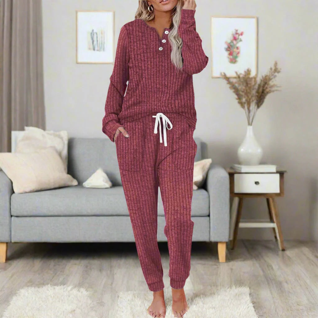 Women’s Ribbed Henley Long Sleeve Two-Piece Lounge Set