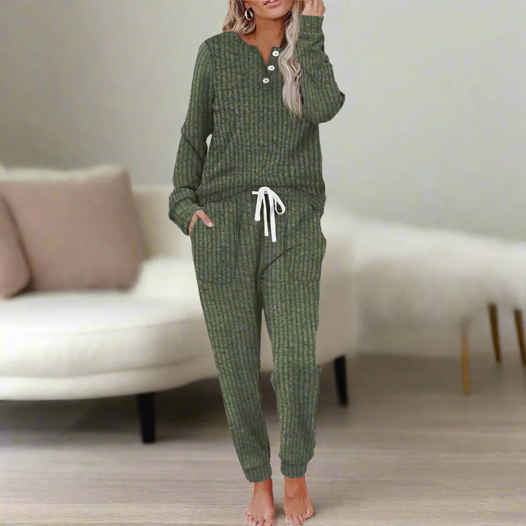 Women’s Ribbed Henley Long Sleeve Two-Piece Lounge Set