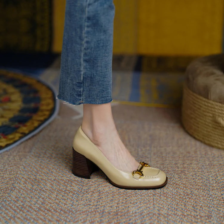 Women’s Genuine Leather Horsebit Block Heel Pumps