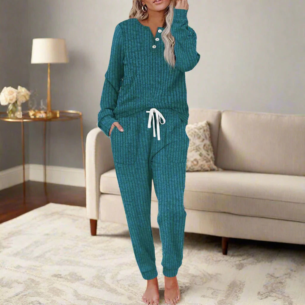 Women’s Ribbed Henley Long Sleeve Two-Piece Lounge Set