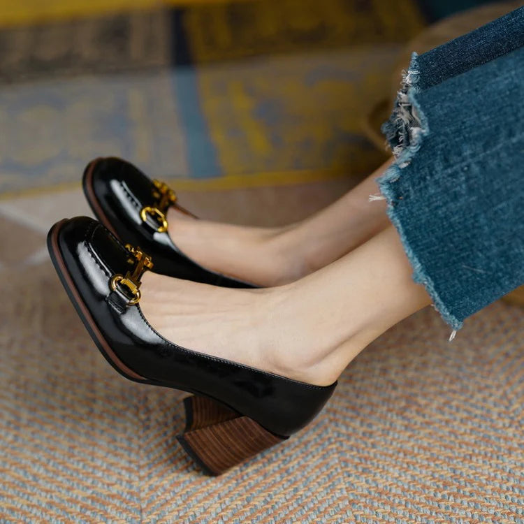 Women’s Genuine Leather Horsebit Block Heel Pumps