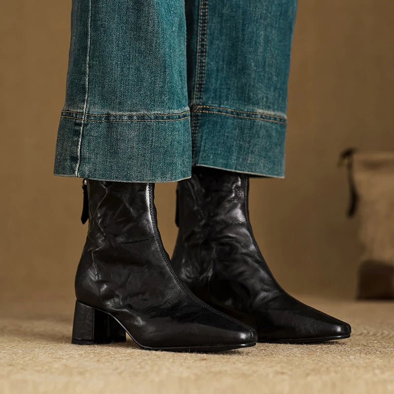 Women’s Genuine Leather Square-Toe Block Heel Zip Ankle Boots