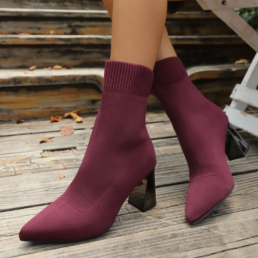 Women’s Pointed Toe Knit Sock Ankle Boots with Chunky Heel