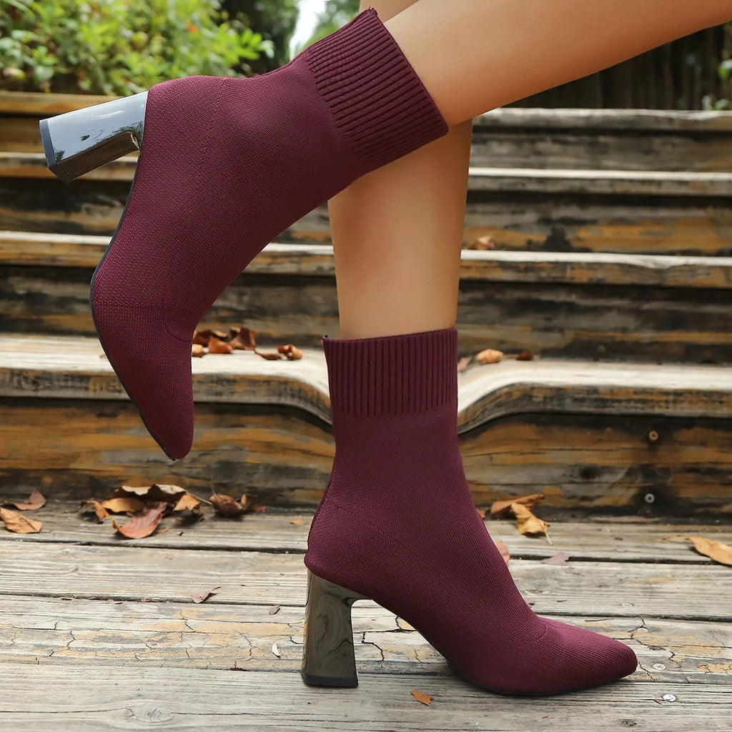 Women’s Pointed Toe Knit Sock Ankle Boots with Chunky Heel