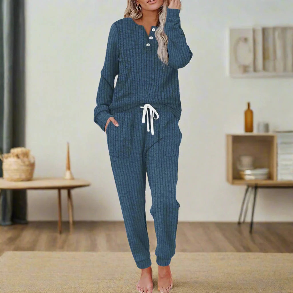 Women’s Ribbed Henley Long Sleeve Two-Piece Lounge Set