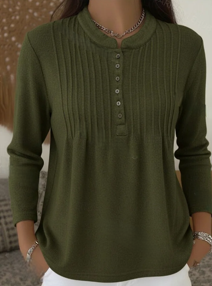 Women’s Ribbed Knit Button Placket Crew Neck Top