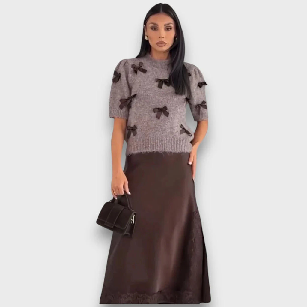 Women’s Bow Detail Knit Sweater and Satin Midi Skirt Set