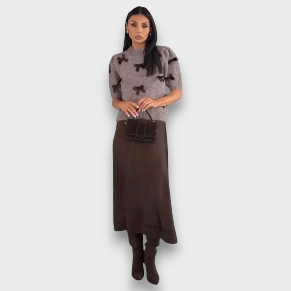 Women’s Bow Detail Knit Sweater and Satin Midi Skirt Set