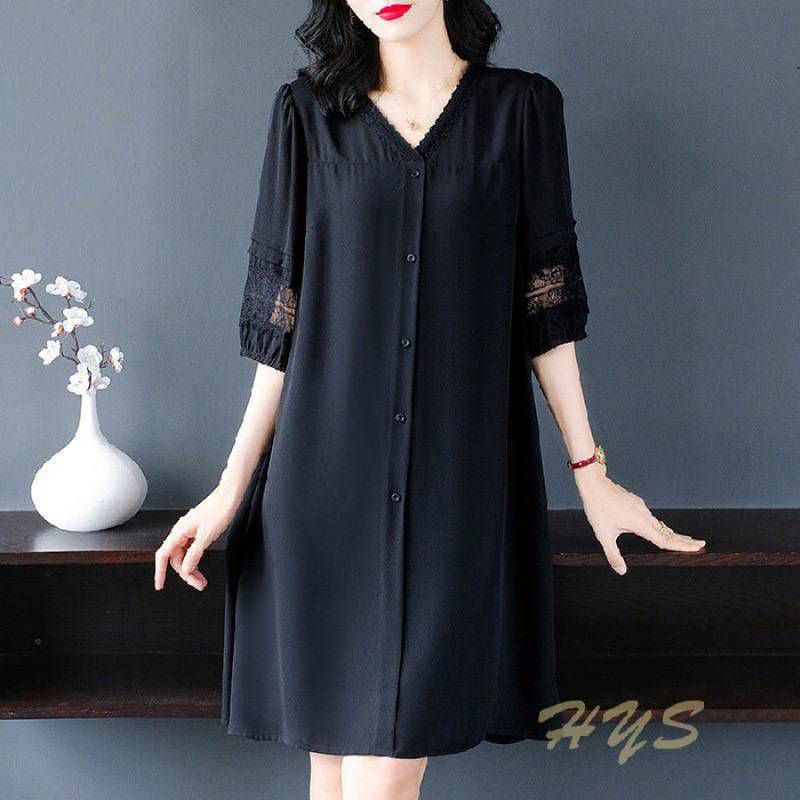 New plus size three-quarter puff sleeve loose dress