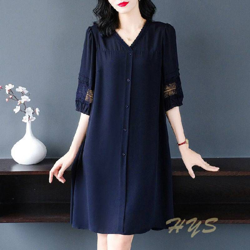 New plus size three-quarter puff sleeve loose dress