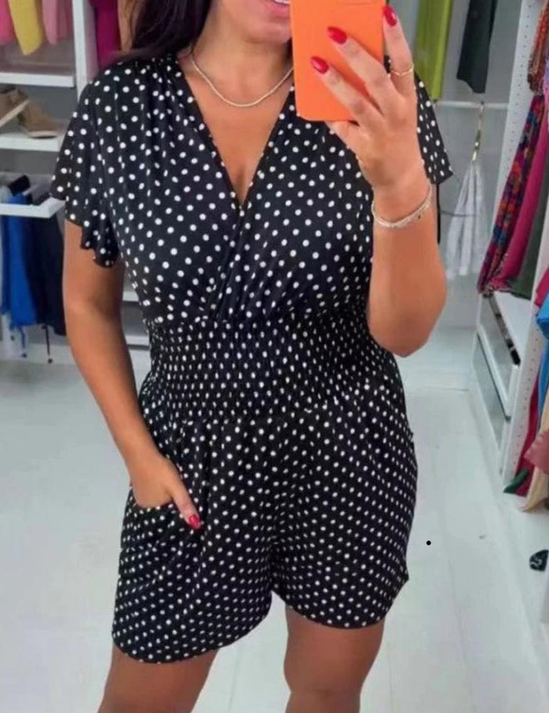 Polka Dot V-neck One-Piece Shorts Jumpsuit