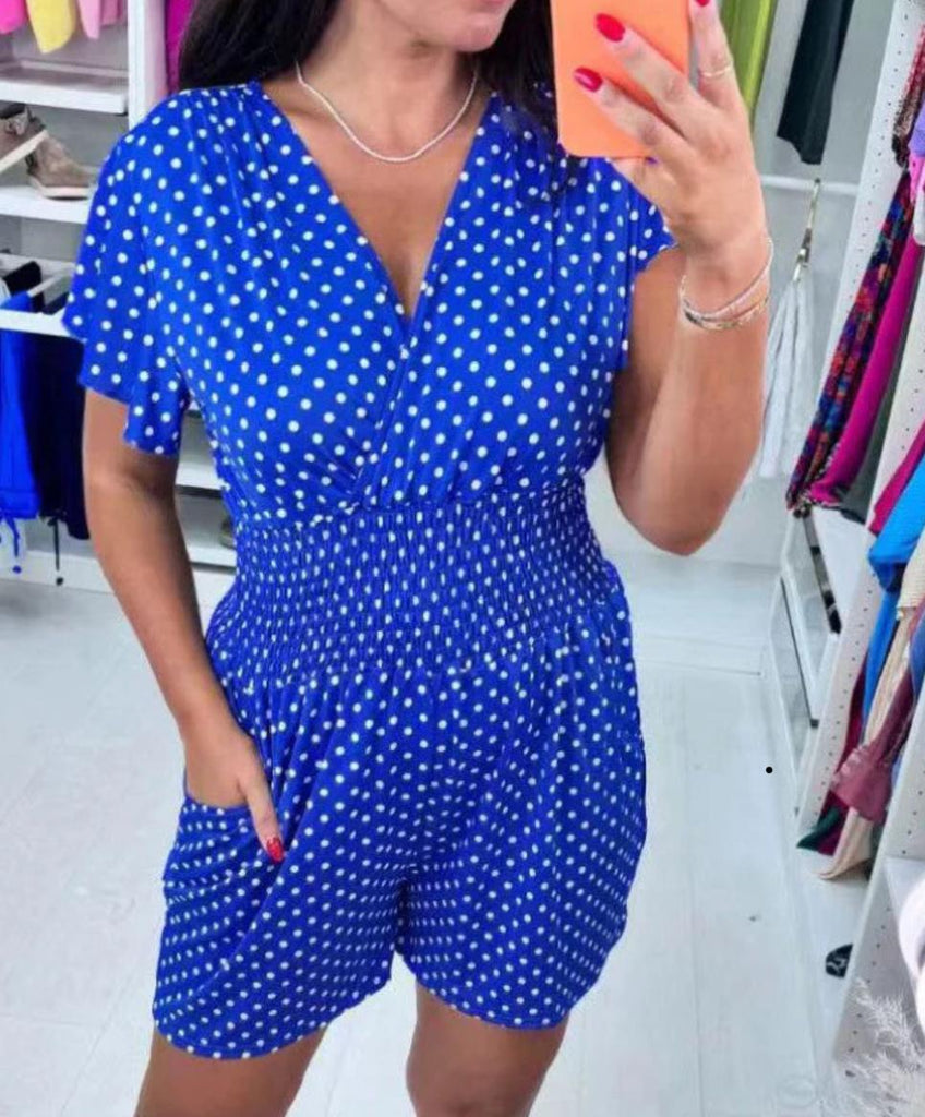 Polka Dot V-neck One-Piece Shorts Jumpsuit