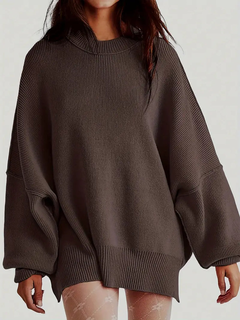 Solid Color Split Hem Knit Sweater - Women's Long Sleeve Pullover