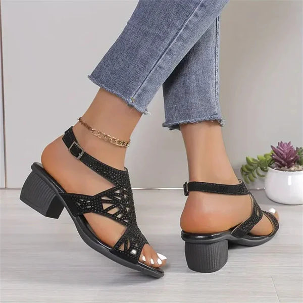 Rhinestone High Block Heel Sandal