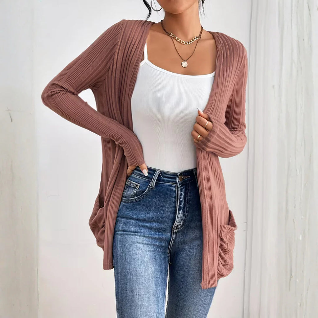 Women’s Rose-Toned Ribbed Calm Open-Front Cardigan