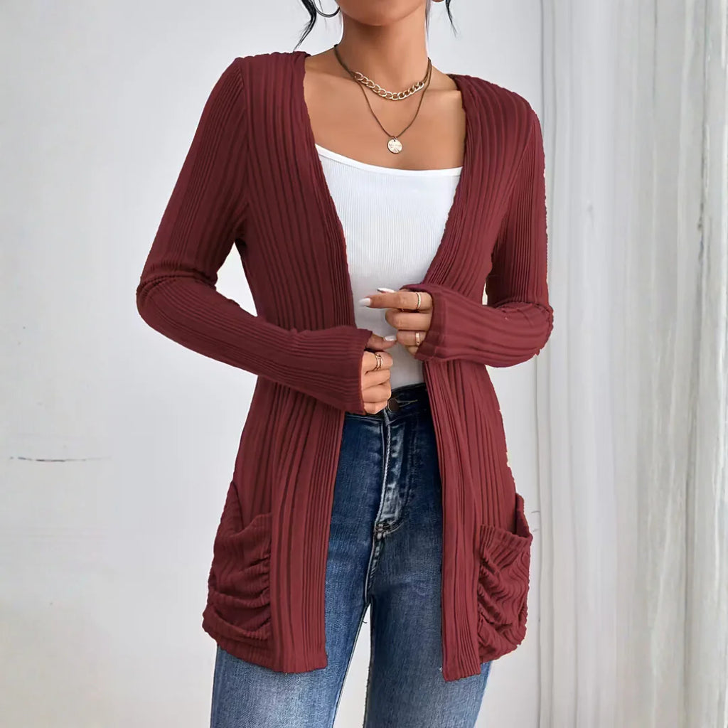 Women’s Rose-Toned Ribbed Calm Open-Front Cardigan