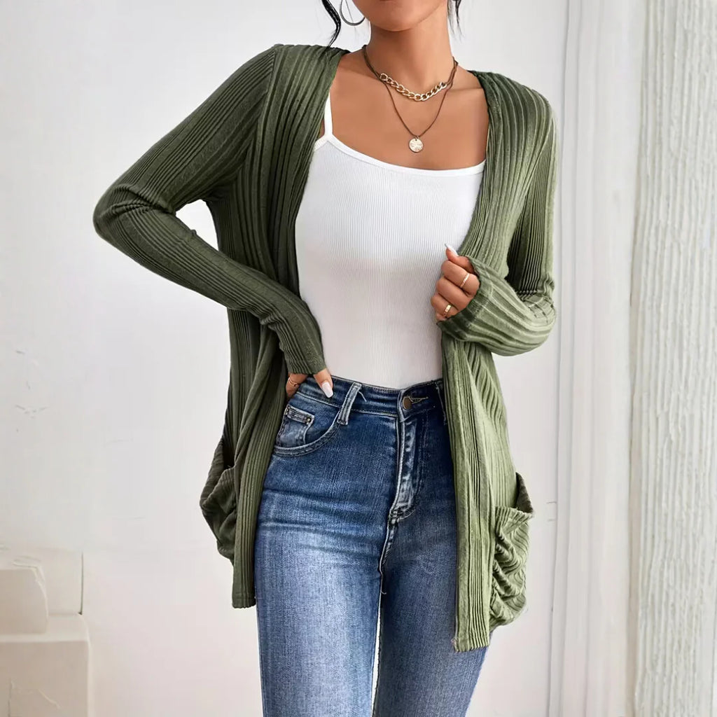 Women’s Rose-Toned Ribbed Calm Open-Front Cardigan