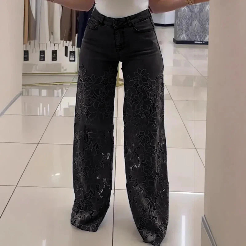 Women’s Floral Lace Panel Wide-Leg Denim Jeans