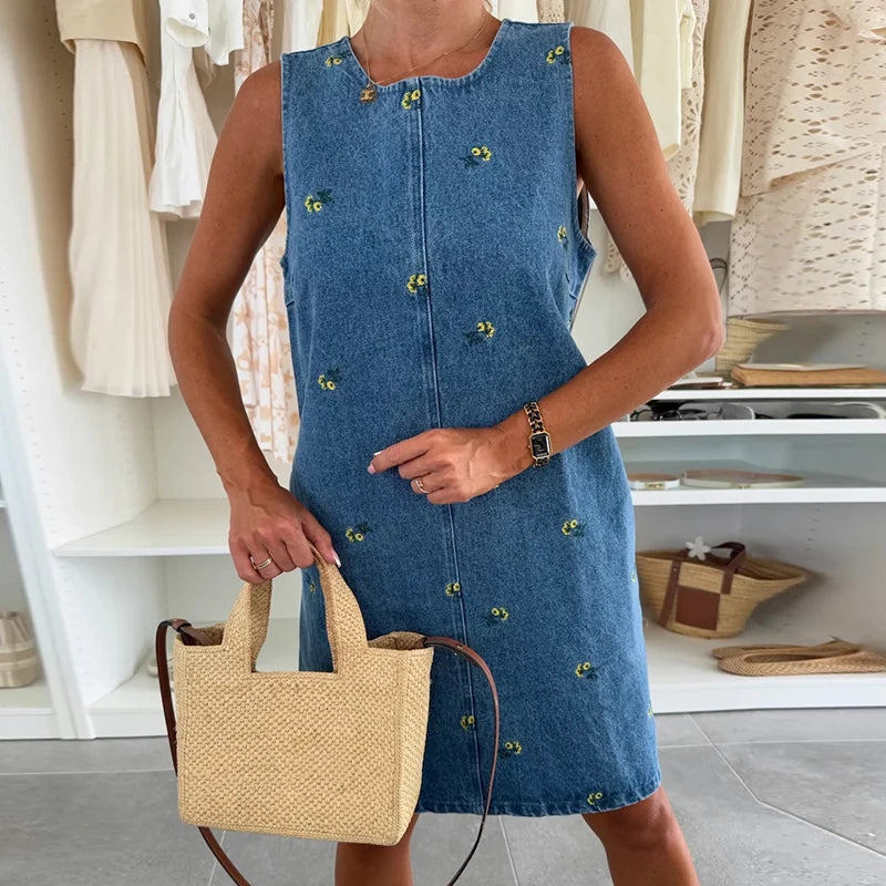 Denim Bloom Embroidered Sleeveless Dress