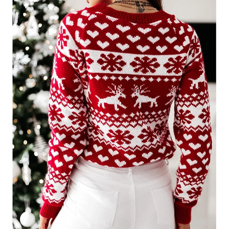 Women’s Festive Reindeer & Hearts Knit Christmas Sweater