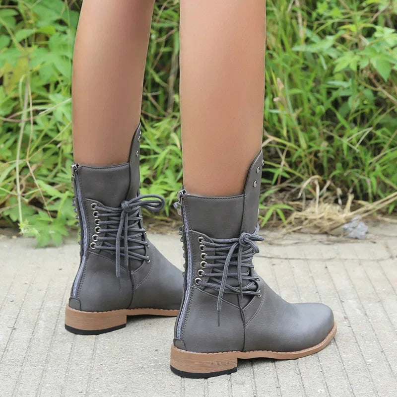 Women's lace-up boots with low heels and round toes