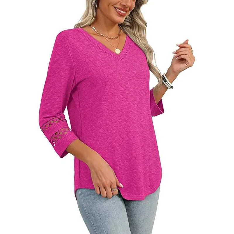 Women's Lightweight V-Neck Top with Cutout Sleeve Detail