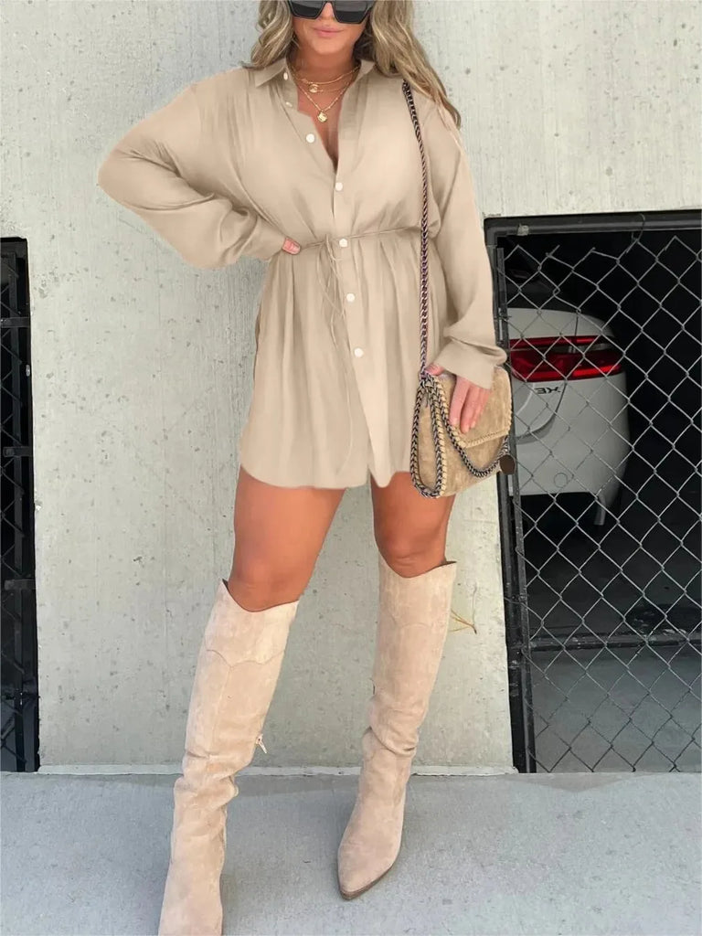 Women's Solid Colour Long Sleeve Shirt Dress