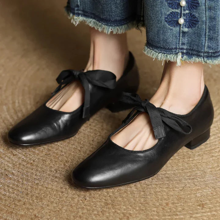 Women’s Lace-Up Leather Ballet Flats with Low Square Heel
