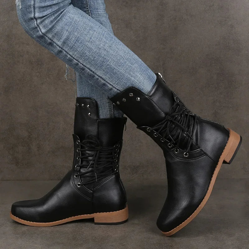 Women's lace-up boots with low heels and round toes