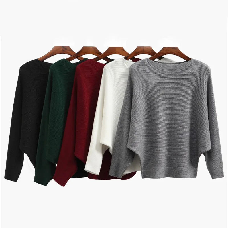 Pull tunique oversize à col bateau et manches chauve-souris en maille cÎtelée pour femme