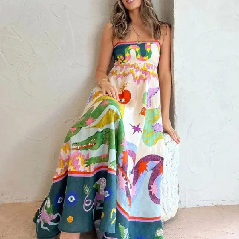 Women’s Linen High-Waist Printed Strapless Maxi Dress