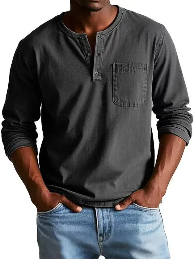 Chemise en denim Henley vintage pour homme avec poche poitrine