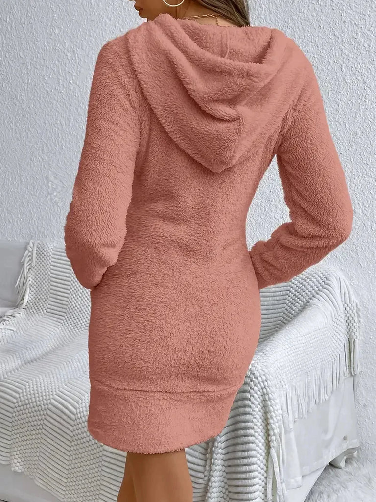 Women’s Plush Hooded Sweatshirt Dress with Kangaroo Pockets
