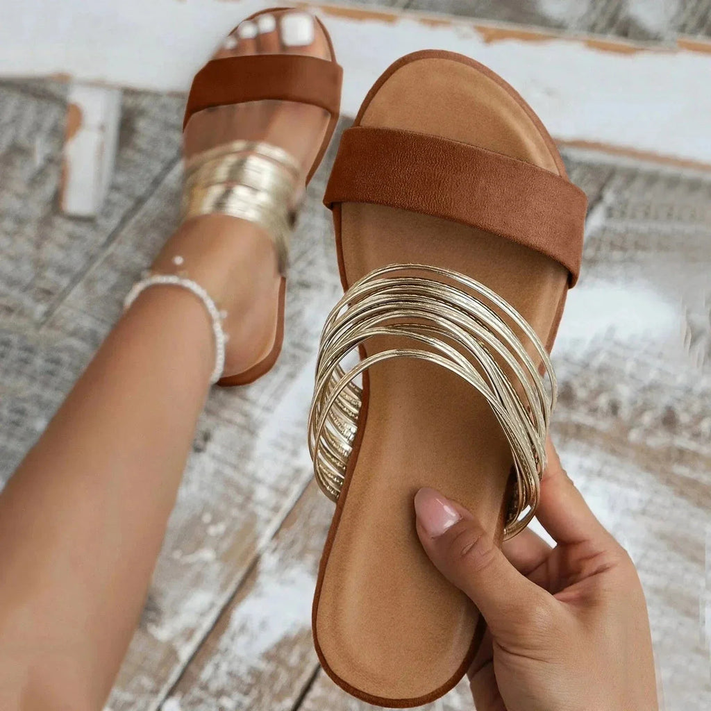 Gold Accent Open-Toe Flat Sandals