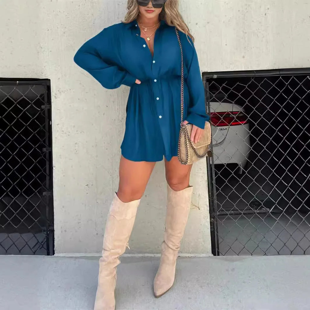 Women's Solid Colour Long Sleeve Shirt Dress