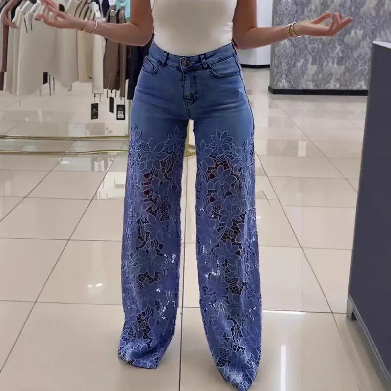 Women’s Floral Lace Panel Wide-Leg Denim Jeans