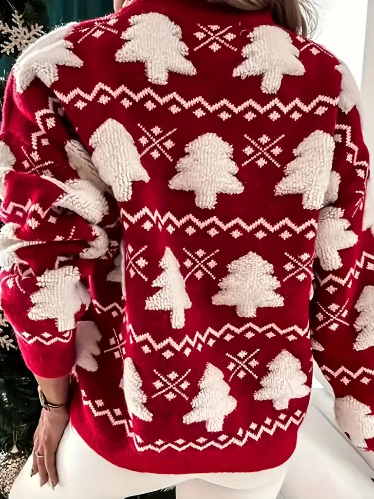 Women's Christmas Tree Knit Pullover - Red Crew Neck Sweater